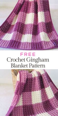 the crochet afghan blanket pattern is shown in purple and white