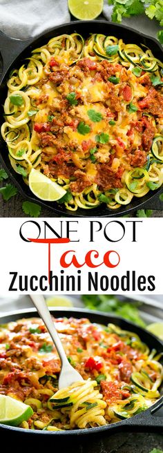 one pot zucchini noodle casserole in a cast iron skillet