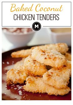 baked coconut chicken tenders on a plate with text overlay that reads baked coconut chicken tenders