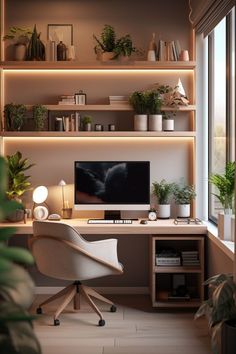 a desk with a computer on it in front of a window and some potted plants