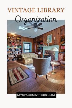 a living room filled with furniture and bookshelves in front of a bookcase