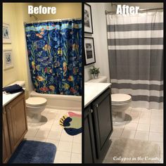 before and after photos of a bathroom remodel with blue shower curtain, white tile floor