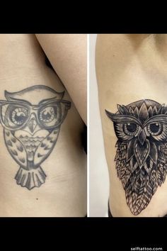 an owl tattoo on the side of a woman's left arm and chest, before and after it has been inked