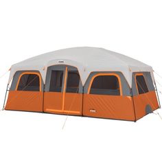 an orange and gray tent with the door open