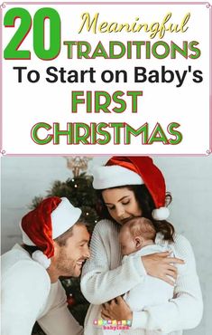 a man and woman holding a baby in front of a christmas tree with the words, 20