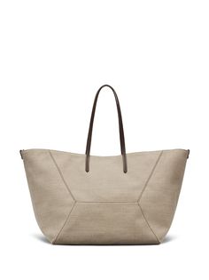 sand beige cotton-linen blend trapeze body two long top handles main compartment internal logo patch internal zip-fastening pocket Linen Tote Shoulder Bag, Beige Linen Shopping Bag, Summer Beige Bag With Canvas Lining, Beige Summer Bags With Canvas Lining, Summer Beige Bags With Canvas Lining, Linen Tote Bag With Leather Handles, Beige Linen Canvas Bag For Travel, Beige Linen Travel Canvas Bag, Beige Linen Canvas Travel Bag