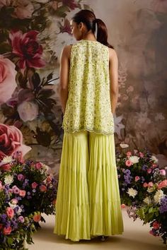 Lime green jacket with sequin, cutdana, bead embellishment in floral pattern. Paired with padded blouse and tiered sharara. - Aza Fashions Bead Embellishment, Padded Blouse, Women Kurta, Sequin Blouse, Embellished Jacket, Sequin Jacket, Sharara Set, Set Women, Green Blouse