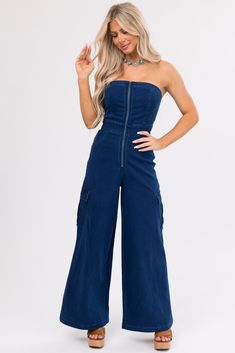 High Waist Strapless Jumpsuit With Pockets, Fitted Strapless Jumpsuits And Rompers With Pockets, Stretch High Waist Denim Jumpsuit, Casual Strapless Denim Jumpsuit With Pockets, Trendy High Waist Strapless Jumpsuit With Pockets, Casual Strapless Fitted Jumpsuit With Wide Legs, Strapless Denim Jumpsuit With Pockets For Summer, Trendy Strapless High Waist Jumpsuit With Pockets, Blue Denim High-waist Strapless Jumpsuit