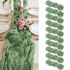 the table is set with green napkins and pink carnations on them, along with gold place settings