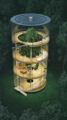 an unusual tree house in the middle of some trees with plants growing out of it