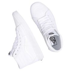 Style No. VN000D5IWOO (This style runs true to size. Shoes are Unisex but are listed in Men's Sizes. For example, Women's Size 6.5= Men's Size 5) Color: True White A lightweight, lace-up, high top shoe, the Vans Sk8-Hi features heel cushioning for extra comfort, re-enforced toecaps for durability, and padded collars for support and flexibility. Signature rubber waffle outsoles give this shoe a firmer grip. Vans Sk8-Hi Unisex Shoes. High Top Shoe, White Puffer, Vans Sk8 Hi, Air Jordan 4 Retro, Unisex Shoes, Sk8 Hi, Vans Sk8, Up Shoes, Top Shoes