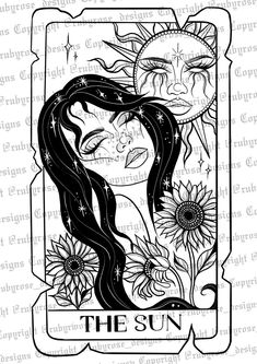 the sun tarot card with a woman's face and sunflowers