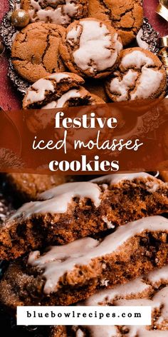 festive iced molasses cookies with white icing on top and in the middle