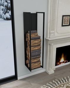 a fire place in the corner of a room next to a fireplace with logs stacked on it