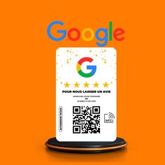 an orange background with a qr code on top of it and the google logo above it