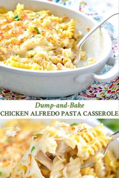 two pictures showing different types of food in white dishes with spoons and one has chicken alfredo pasta casserole