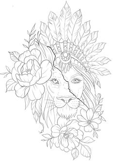 a drawing of a woman's face with flowers in her hair and feathers on her head