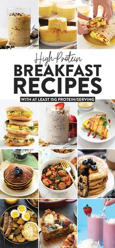 the cover of high protein breakfast recipes, with images of pancakes and other desserts