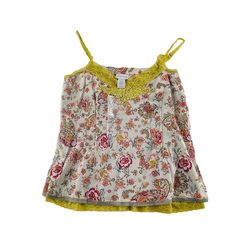 Charming Camisole Top With Floral Pattern And Lace Trim. Made From 100% Cotton With Nylon Lace Accents. Ideal For Casual Wear Or Layering. Spaghetti Straps Floral Print Lace Trim Detail 100% Cotton Body Nylon Lace Accents Lightweight Fabric Sleeveless Design Beige And Yellow Colors Size S Bust: 18 Inches, Length: 21 Inches Size: Womens S Condition: New Without Tags Green Lace Trim Tank Top For Summer, Summer Camisole With Lace Trim For Spring, Spring Green Tank Top With Lace Trim, Spring Bohemian Fitted Camisole, Stretch Camisole For Daywear In Spring, Spring Stretch Camisole For Daywear, Stretch Multicolor Camisole For Spring, Spring Multicolor Stretch Camisole, Bohemian Spring Camisole