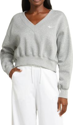 Nike Sportswear Phoenix Fleece V-Neck Crop Sweatshirt | Nordstrom Sporty V-neck Sweatshirt With Ribbed Cuffs, Sporty Cotton V-neck Sweatshirt, Nike Sportswear Phoenix Fleece, Fabric Gift Bags, Fabric Gifts, Crop Sweatshirt, Free Fabric, Nike Sportswear, Phoenix