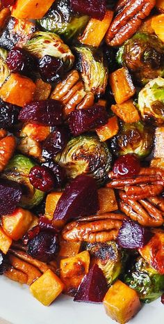 close-up of Roasted Butternut Squash, Brussels sprouts, Beets, Pecans, and Cranberries Winter Vegetable Salad, Salad With Roasted Butternut Squash, Winter Vegetable, Roasted Vegetable Recipes, Beet Recipes, Winter Vegetables, Veggie Side Dishes, Roasted Butternut, Roasted Butternut Squash