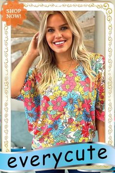 Multicolor Floral Print V Neck Half Sleeve Blouse Vibrant V-neck Blouse For Day Out, Vibrant Print V-neck Top For Brunch, Multicolor Floral Print V-neck Top, Multicolor Floral Print V-neck Blouse, Chic Multicolor Print V-neck Blouse, Colorful V-neck Blouse For Vacation, Colorful Printed Casual Blouse, Floral Print Multicolor Top For Brunch, Multicolor Floral Print Top For Brunch