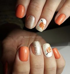 Autumnal Gel Nails, Pumpkin Short Nails, Fall Nail Art Short Nails, Fall Nails With Pumpkins, Fall Gel Nails Designs Autumn, Fall Themed Nails Autumn, Autumn Nails Orange, Novemember Nails, Fall Nails Leaves