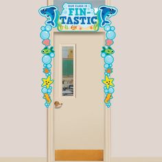 the door is decorated with fish and bubbles