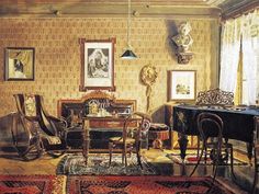 a painting of a living room filled with furniture