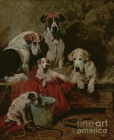 three dogs are sitting next to each other on a table with a bucket and two puppies