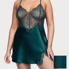 Brand New With Tags Color: Deepest Green Beautiful Dark Green! Very Sexy! Green Slip Dress, Chemise Dress, Black Slip Dress, Victoria Secret Lingerie, Lace Slip Dress, Lace Camisole, Lace Babydoll, Pretty Lingerie, Lace Slip