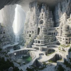 an artist's rendering of a cave like city in the middle of a mountain