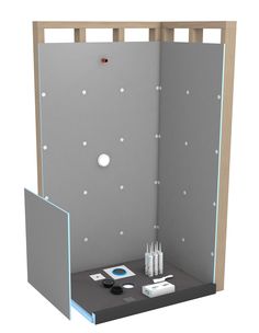 an open shower stall with various items in it