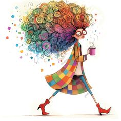 a drawing of a woman with colorful hair holding a cup