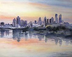 a watercolor painting of a city skyline at sunset