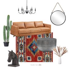 a living room with couches, rugs and potted cacti in it