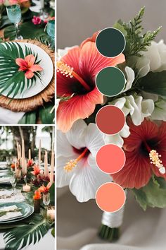 the table is decorated with tropical flowers and greenery in shades of red, orange, green