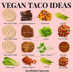 the vegan taco ideas list is shown in this graphic above it's image