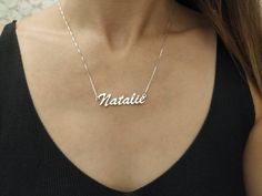 925 Sterling Silver - Nameplate Necklace - Custom Name Chain - Name Necklace Silver - Handwriting Font - Natalie . . . . . . . . . . . . . . . . . . . . . . . . . . . . . . . . . . . . . . . . . . . . . . . . . . . . . . . . . Looking for a thoughtful gift for your loved one? You will love this high quality 925 Sterling Silver nameplate necklace. This is a perfect gift for your girlfriend or wife. Personalize it with her name in a beautiful font. This lovely 925 sterling silver nameplate necklac Sterling Silver Nameplate Necklace, Silver Nameplate Necklace, Name Chain, Necklace With Name, Nameplate Necklace Silver, Name Necklace Silver, Sterling Silver Name Necklace, Handwriting Jewelry, Alphabet Necklace