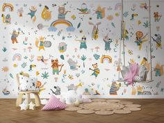 a child's room with toys and wallpaper