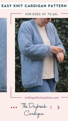 the easy knit cardigan pattern for sizes xs - 3xl is shown