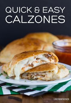 a close up of a sandwich on a plate with the words quick and easy calzonees