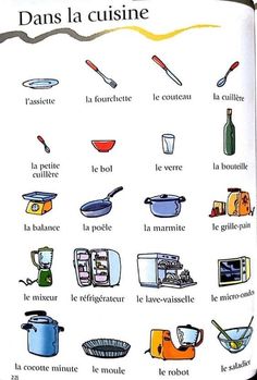 an open book with pictures of cooking utensils and other things in french on it