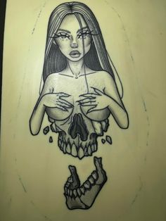 a drawing of a woman holding a skull