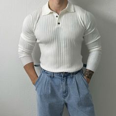 Polo Shirt Embroidery, Genderless Fashion, Knit Polo Shirt, Streetwear Mens, Half Zip Sweatshirt, Knit Polo, Long Sleeve Polo Shirt, Fitted Sweater, Long Sleeve Polo