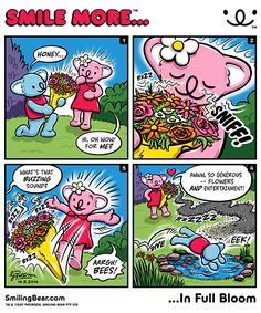 a comic strip with an image of a pig eating flowers and the words smile more