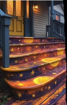 an artisticly painted set of steps leading to a house with stars on them and the words, moondust