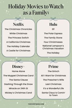 the holiday movies to watch as a family info sheet for netflix and disney's christmas carols