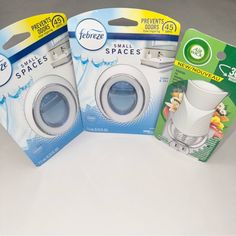 three packaged appliances sitting next to each other on a white counter top in front of two packages