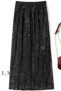 Lasaky - Exquisite Waistband-Tie Open-Split Maxi Skirt with Dazzling Sparkle Black Maxi Glitter Skirt, Glitter Skirt Black, Embellished Midi Skirt, Mid Length Skirts, Skirt Skirt, Sparkles Glitter, Sequin Fabric, Types Of Skirts, A Line Skirt